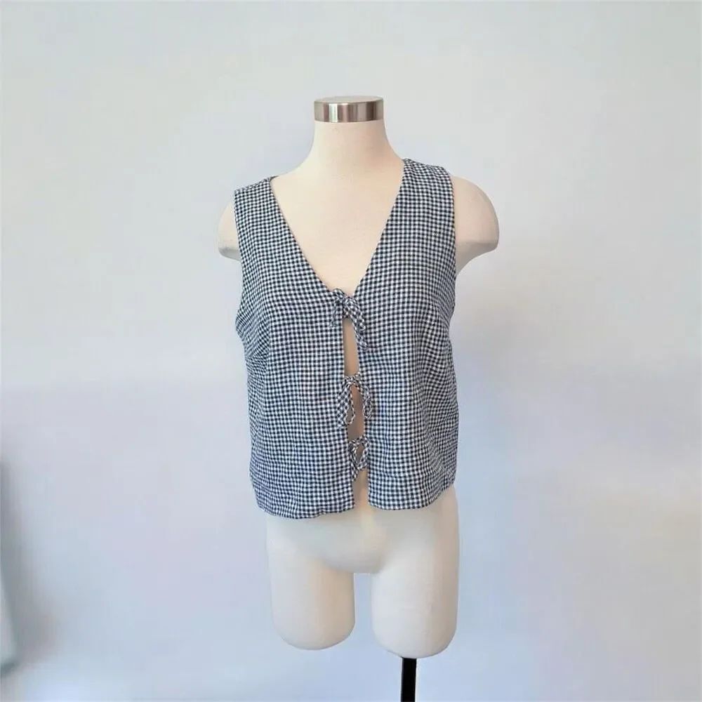 Hollister Gingham Black White Check Tie Vest Sleeveless Medium